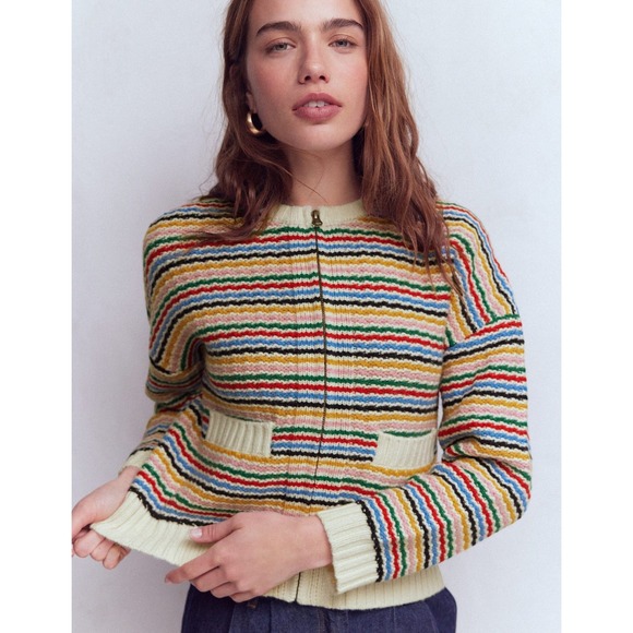 Boden Sweaters - Boden Maya Zip Up Jacket Womens 10 Oversized Wool Blend Rainbow Stripe Sweater